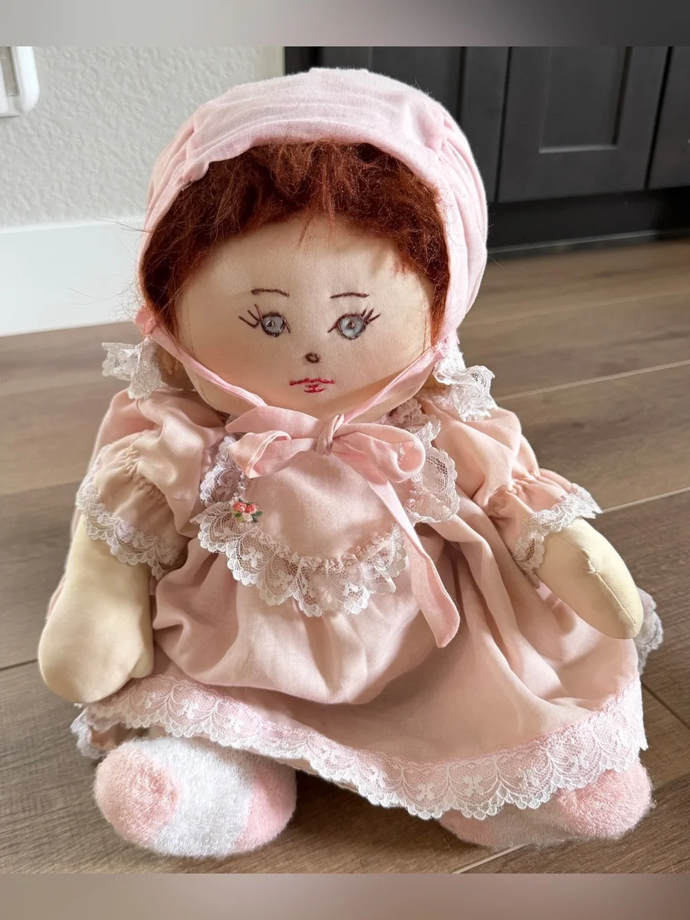 Vintage Handcrafted Soft Sculptured Old Doll Pink Dress Bonnet 21” Socks Daddy